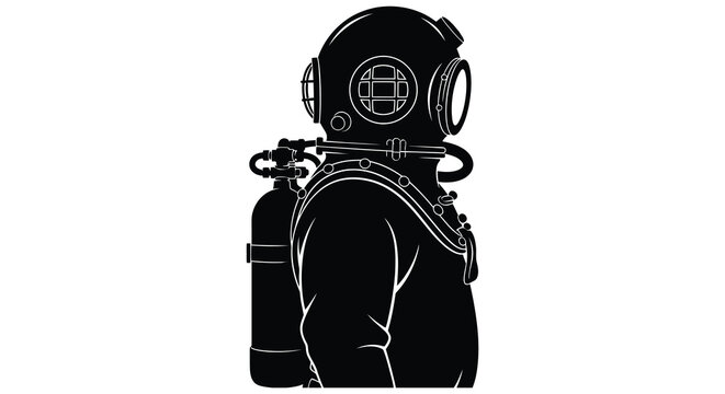 Vintage diving helmet silhouette on white background