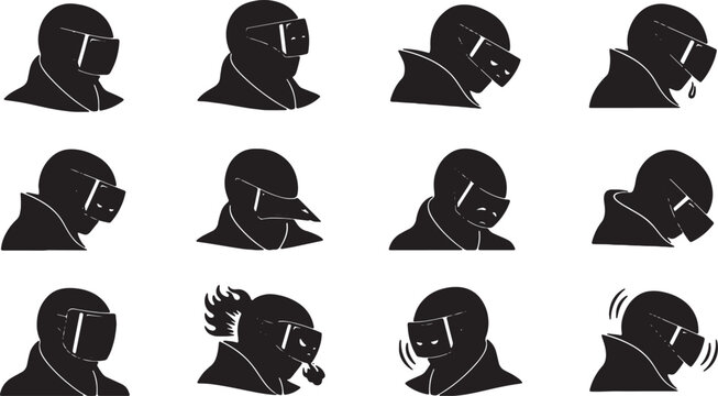 Set of 12 black vector silhouettes featuring a futuristic character head with a visor and high collar, showcasing diverse facial expressions, emotions, and robotic digital icons.