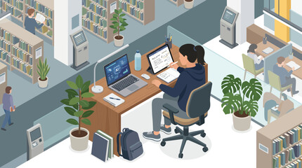 Naklejka premium Isometric Library Study with AI Technology and Student