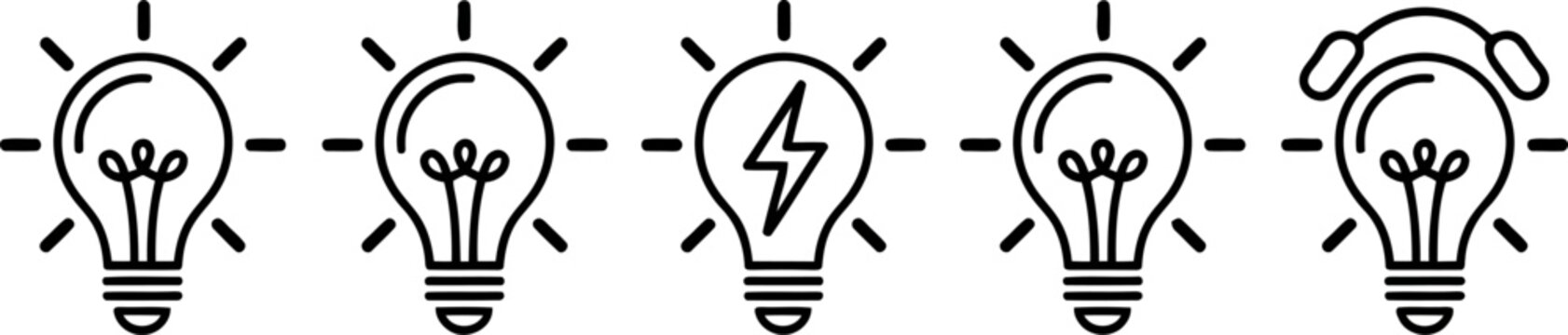 Sequence of five black and white line light bulb with a plug on the last one idea innovation
