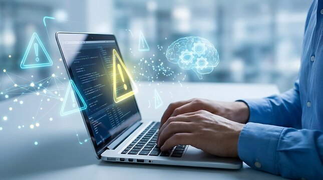 Engineer monitoring industrial software development process with holographic warning alerts and digital brain visualization