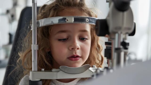 Child smiles during eye exam in optometrist office while sitting on chair with equipment used for checking vision