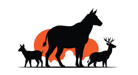 Donkey Deer Antelope Silhouettes against Orange Sunset © Yusra