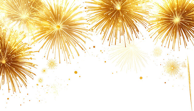 Golden fireworks burst across a black sky, creating a vibrant, festive scene with sparkling effects