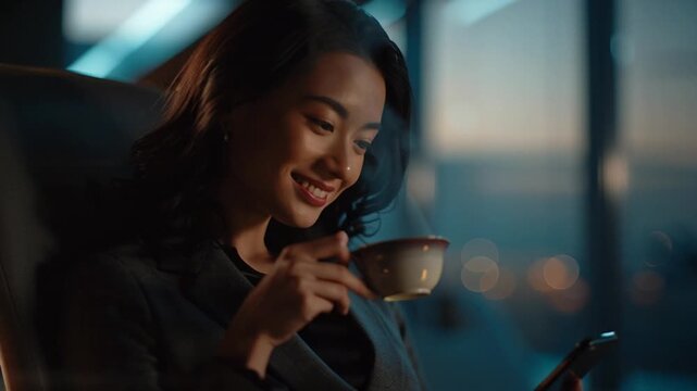 Asian businesswoman drinking coffee while checking smartphone in a luxury airport lounge at night, concept of global connectivity and success.