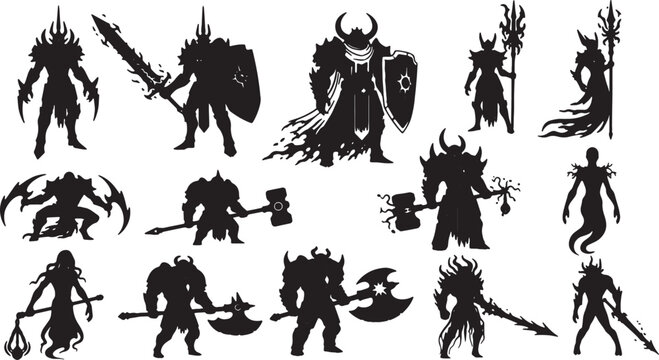 Set of black silhouettes of fantasy characters including armored warriors, knights with shields, monsters with axes, and mages with staves, isolated on a white background vector.
