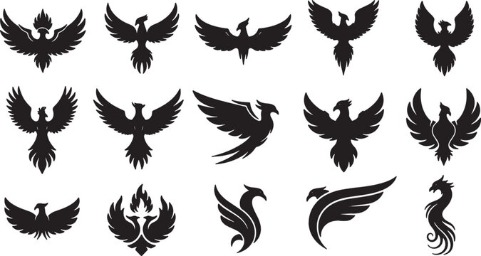 Large collection of fifteen unique black phoenix bird silhouettes and firebird logo icons isolated on a white background, featuring various mythical creature designs and wing poses.