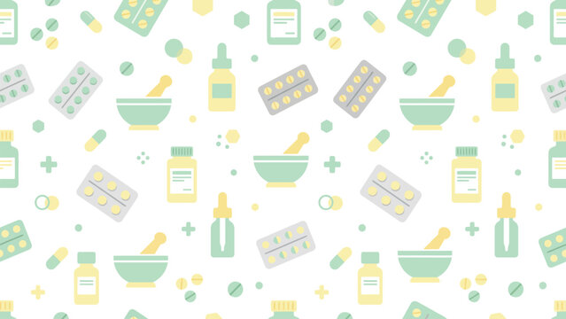 Medical pills and bottles pattern with syringes and capsules arranged as a seamless medical themed background.