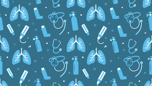 Medical and health themed pattern featuring lungs, stethoscopes, syringes, pills and diagnostic equipment for science and medicine imagery.