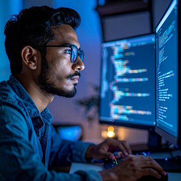 Young Man Working Late on Computer Screens.