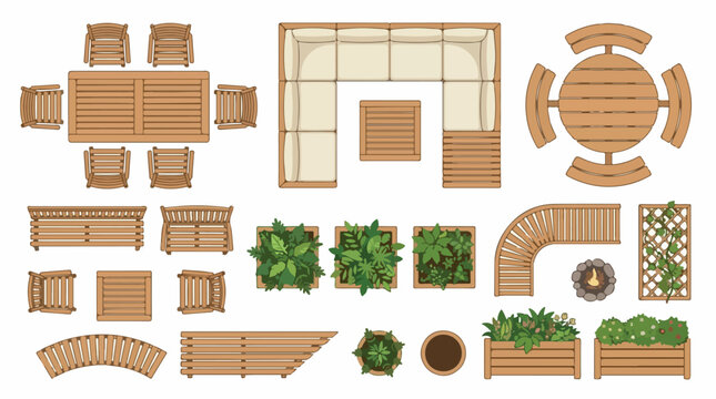 Outdoor garden furniture top view vector set, wooden patio furniture for landscape design, terrace lounge chairs and tables collection
