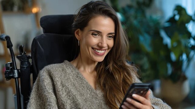 Woman smiles gently while using her phone
