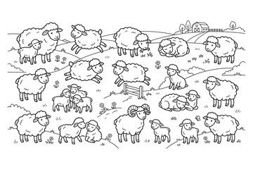 Obraz premium Black and white illustration of sheep in a field with barn
