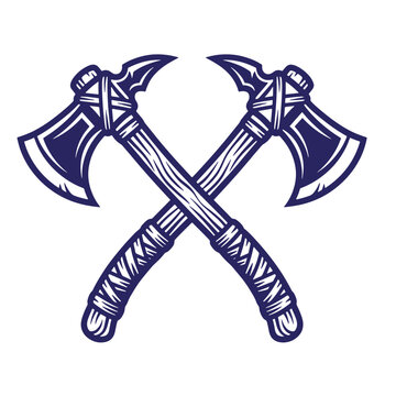 Traditional native american tomahawks crossed illustration in vintage etched style with tomahawk american cultural historical heritage weaponry illustration