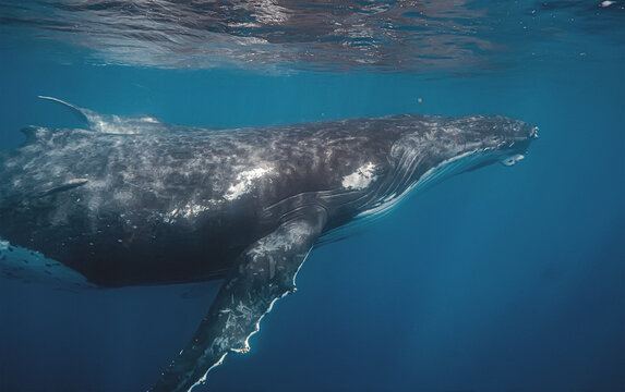 Humpback whale swimming near the surface in blue ocean water wit