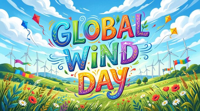 Global wind day celebration with colorful typography and wind turbines