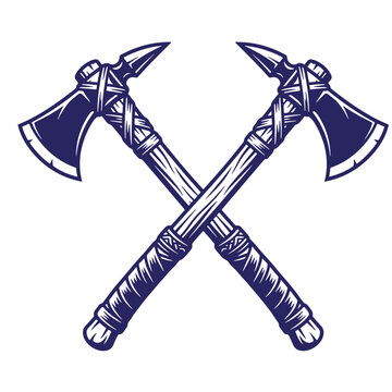 Native american style tomahawk hatchets crossed illustration with tomahawk american indigenous engraving illustration forestry monochrome isolated equipment