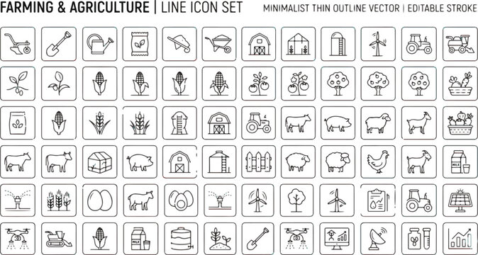 Farming and agriculture line icon set with various tools and animals