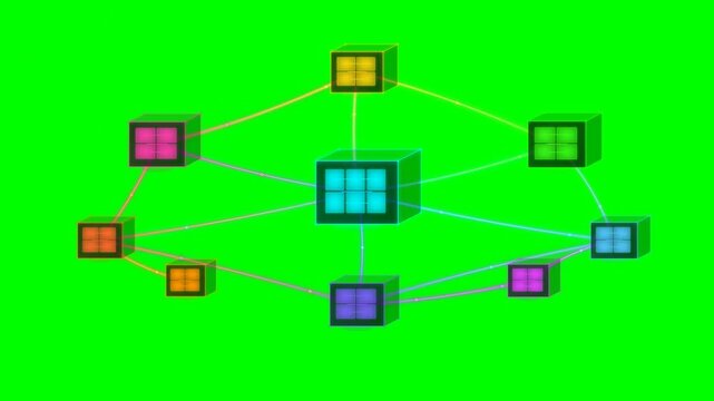 A network of colorful cubes connected by lines forms a complex structure on a green background with a central blue cube.