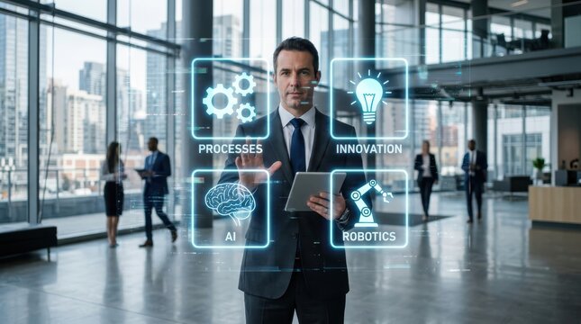 Future technology concepts ai robotics innovation and business process optimization in modern office environment