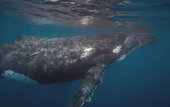 Humpback whale swimming underwater near the surface with remora