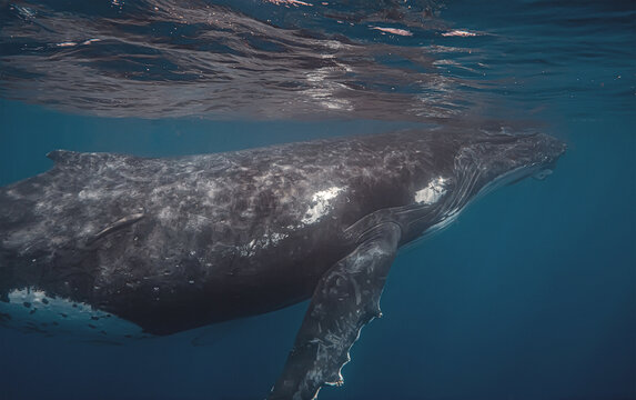 Close-up underwater shot of a humpback whale swimming in the dee