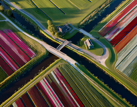 Aerial View of Colorful Tulip Fields and Rural Canals in the Dutch Countryside