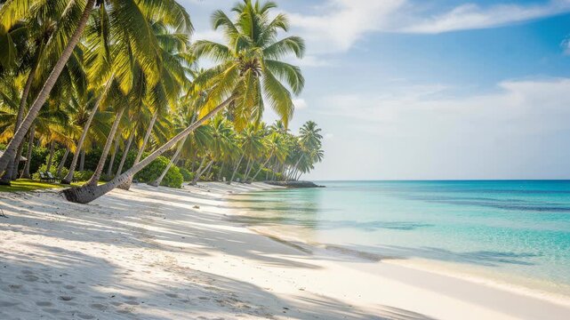 Tropical beach with white sand clear blue water and palm trees under sunny sky