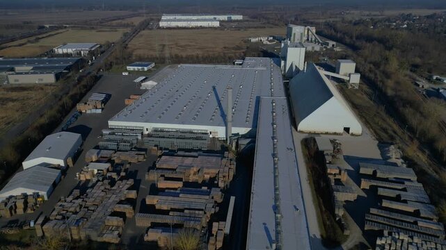 Industrial factory complex production Gipsum drywall. Great aerial view drone