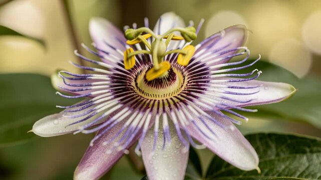 Close up of a vibrant purple passion flower with water droplets and green leaves in natural light