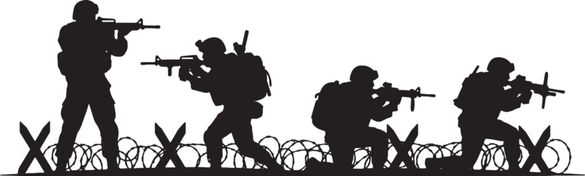 Black silhouette of four soldiers in full combat gear with rifles moving through a barbed wire obstacle field on a white background. Tactical military infantry unit in action.