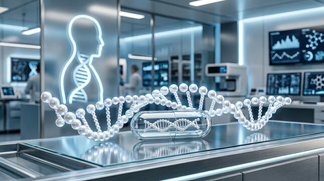 A futuristic lab showcases DNA strands and a glowing human profile, highlighting advanced genetic research and biotechnology innovation.