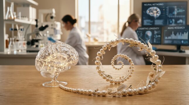 A scientific lab scene showing two researchers working with a glass brain and a pearl-like spiral model on a wooden table.