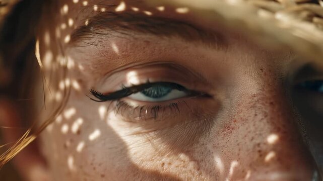 Woman with blue eye looking through a straw hat full of sunlight and shadows in a bright outdoor setting during daytime