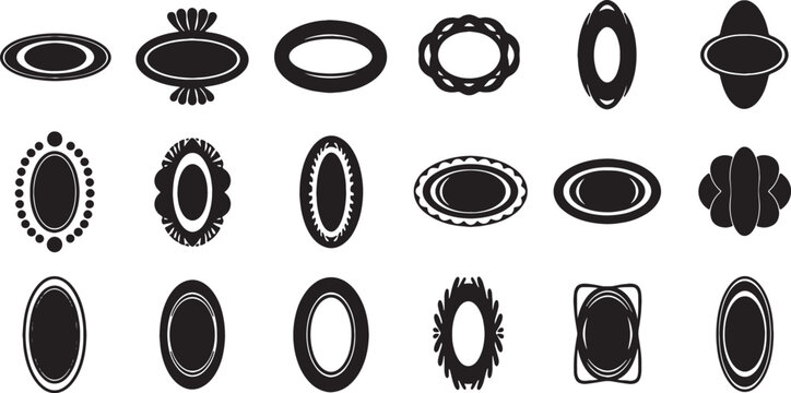 Large collection of eighteen black silhouette oval frames and decorative border icons isolated on white. Includes vintage, floral, and geometric label shapes for monograms and tags.