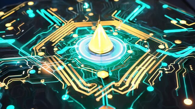 Futuristic electronic circuit board with glowing blue and gold lines, featuring a central yellow cone shape surrounded by intricate connections and illuminated components