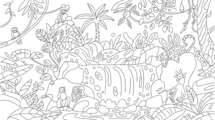 Fototapeta premium Black and white line art illustration of a dense tropical jungle waterfall