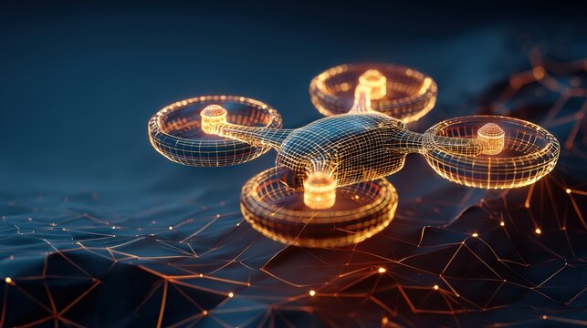 A futuristic drone rendered in glowing neon outlines hovers over a digital landscape, symbolizing advanced technology and innovation. ..Created with Generative AI, not depicting real subjects.
