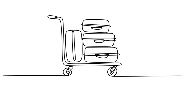 Continuous line drawing of a luggage cart with stacked travel suitcases