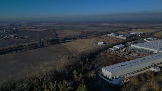 Industrial factory complex production Gipsum drywall. Majestic aerial view drone