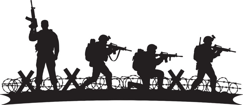 Silhouette illustration of a squad of four soldiers in tactical gear with rifles moving behind a defensive line of barbed wire and anti-tank hedgehogs on a white background.