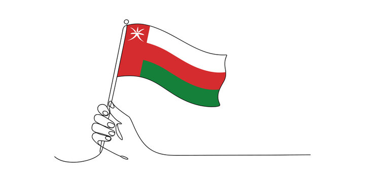 Continuous line drawing of a hand holding the oman national flag