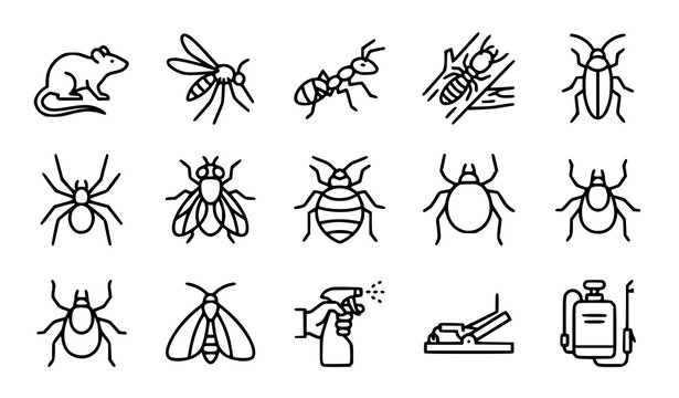 Insect and Pest Outline Icon Collection Featuring Beetles Ants Mosquitoes and Bugs for Educational Design