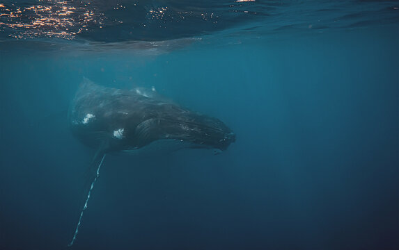 Underwater view of a majestic humpback whale swimming near the o