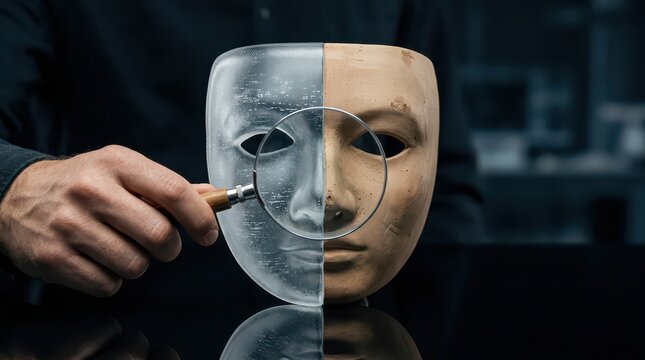 A hand holds a magnifying glass revealing a detailed face behind a half-transparent mask, symbolizing scrutiny, identity, and hidden truths.