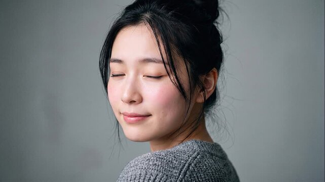 Audition オーディション 014 Young Japanese Woman Looking Back and Changing Facial Expressions from a Smile to a Worried Face（振り返りながら笑顔から困ったような表情へと変化する若い日本人女性）