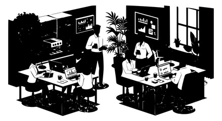 Obraz premium Modern office workplace environment with business people working silhouette, business