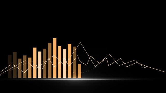 Minimalist black financial bar and line chart 2027 animation, Stylized black background financial chart with illuminated bar and line graphs