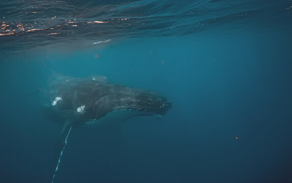 Majestic humpback whale gliding through the deep blue ocean with