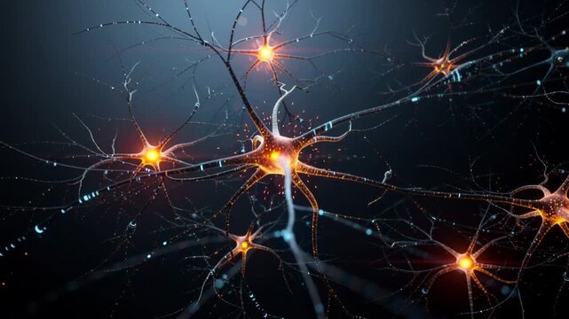 Glowing neural network connections with bright synapses and intricate brain neuron structures